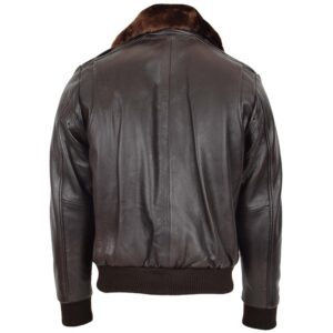 BUNERI Brown Leather Bomber Pilot Jacket with Removable Collar