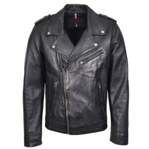 BUNERI Black Leather Brando Biker Jacket