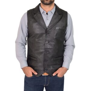 BUNERI Men’s Classic Black Leather Waistcoat Gilet
