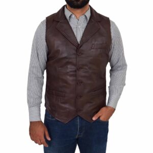 BUNERI Brown Leather Buttoned Waistcoat Gilet