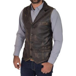 BUNERI Men’s Leather Buttoned Waistcoat Gilet Rub Off