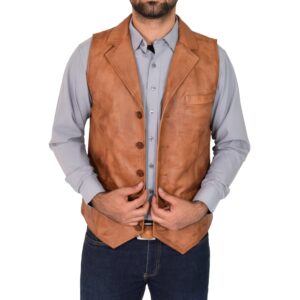 BUNERI Tan Leather Buttoned Waistcoat Gilet
