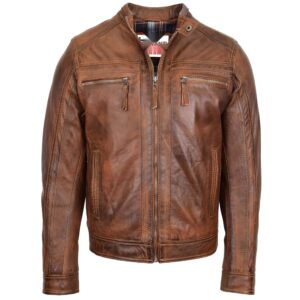 BUNERI Antique Brown Leather Cafe Racer Biker Jacket