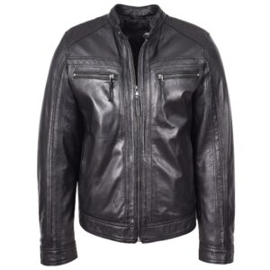 BUNERI Black Leather Cafe Racer Biker Jacket