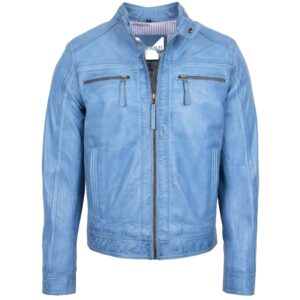 BUNERI Men’s Leather Cafe Racer Biker Jacket Sky Blue