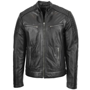 BUNERI Men’s Black Leather Cafe Racer Biker Jacket