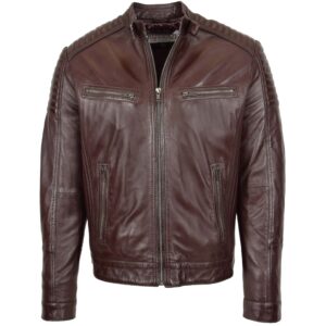 BUNERI Brown Leather Cafe Racer Biker Jacket
