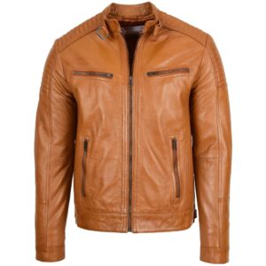 BUNERI Tan Leather Cafe Racer Biker Jacket