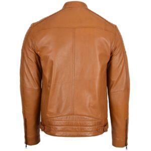 BUNERI Tan Leather Cafe Racer Biker Jacket