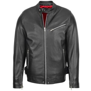 BUNERI Black Leather Cafe Racer Casual Biker Jacket