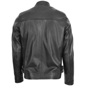 BUNERI Black Leather Cafe Racer Casual Biker Jacket