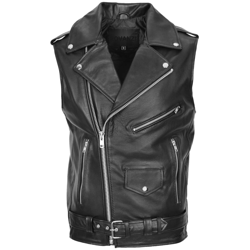 BUNERI Men's Leather Cross-Zip Biker Brando Gilet Black