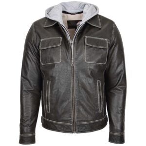 BUNERI Men’s Grey Leather Biker Jacket with Detachable Hoodie