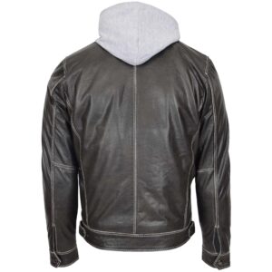 BUNERI Men’s Grey Leather Biker Jacket with Detachable Hoodie