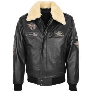 BUNERI Pilot-N Black Leather Jacket with Detachable Collar