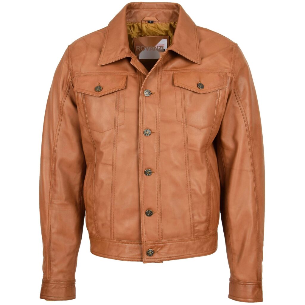 BUNERI Men's Leather Lee Rider Casual Jacket Tan