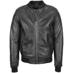 BUNERI Men’s Black Leather MA-1 Bomber Jacket
