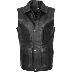 BUNERI Men’s Black Leather Multi-Purpose Gilet