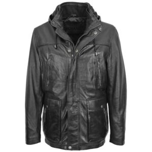 BUNERI Black Leather Parka with Detachable Hoodie