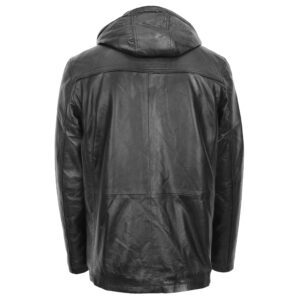 BUNERI Black Leather Parka with Detachable Hoodie