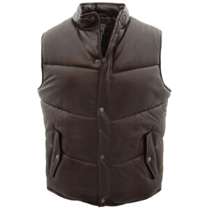 BUNERI Men’s Brown Leather Puffer Waistcoat