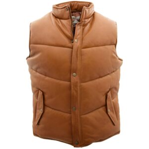 BUNERI Men’s Leather Puffer Waistcoat Body Warmer Tan