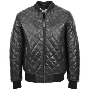 BUNERI Men’s Leather Quilted Bomber Jacket Black