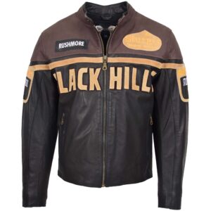 BUNERI Black Hills Men’s Leather Jacket Brown with Racing Badges