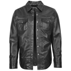 BUNERI Black Leather Shirt Classic Trucker Style