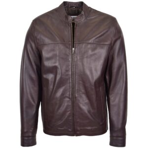 BUNERI Brown Leather Standing Collar Jacket