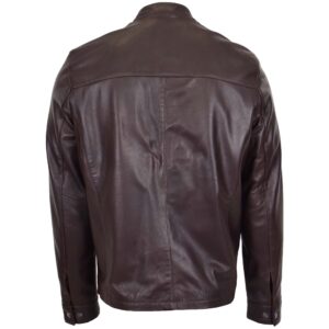BUNERI Brown Leather Standing Collar Jacket