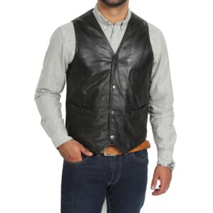 BUNERI Men’s Black Leather Traditional Waistcoat