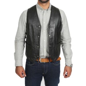 BUNERI Men’s Black Leather Traditional Waistcoat