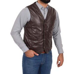 BUNERI Brown Leather Traditional Waistcoat
