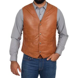 BUNERI Tan Leather Traditional Waistcoat