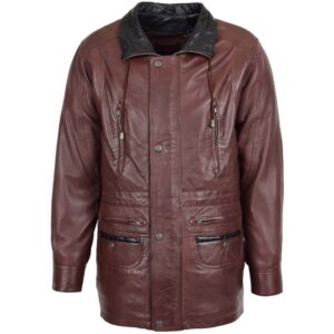 BUNERI Men’s Brown Leather Hip-Length Car Coat
