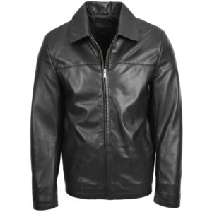 BUNERI Black Leather Zip Box Harrington Jacket