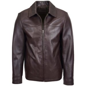 BUNERI Brown Leather Zip Box Harrington Jacket