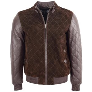 BUNERI Men’s Brown Leather and Suede Bomber Varsity Jacket