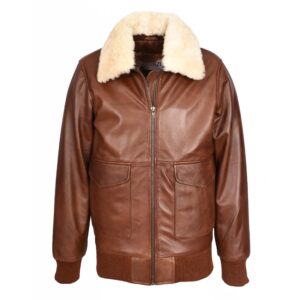BUNERI Tan Premium Leather Aviator Bomber Jacket Detachable Collar G-1 Men