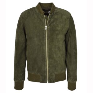 BUNERI Men’s Real Goat Suede Bomber Jacket Olive Green