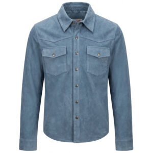 BUNERI Men’s Denim Blue Genuine Goat Suede Western Trucker Jacket