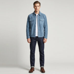 BUNERI Men’s Denim Blue Genuine Goat Suede Western Trucker Jacket