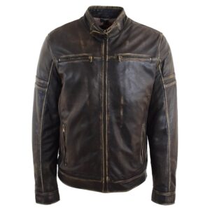 BUNERI Men’s Black Vintage Rub-Off Leather Biker Jacket