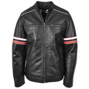 BUNERI Black Real Leather Cafe Racer Biker Jacket with Multi-Stripes