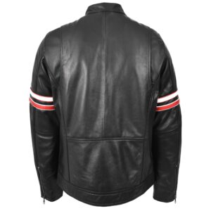 BUNERI Black Real Leather Cafe Racer Biker Jacket with Multi-Stripes