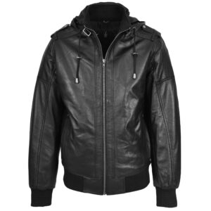 BUNERI Black Real Leather Bomber Jacket with Removable Hood