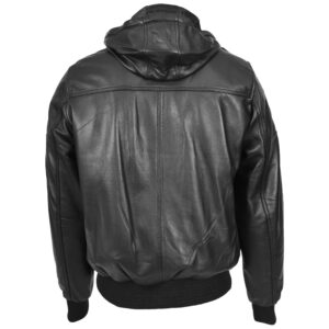 BUNERI Black Real Leather Bomber Jacket with Removable Hood