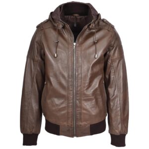 BUNERI Men’s Real Leather Bomber Jacket with Removable Hood