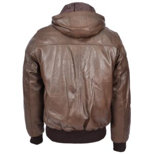 BUNERI Men’s Real Leather Bomber Jacket with Removable Hood